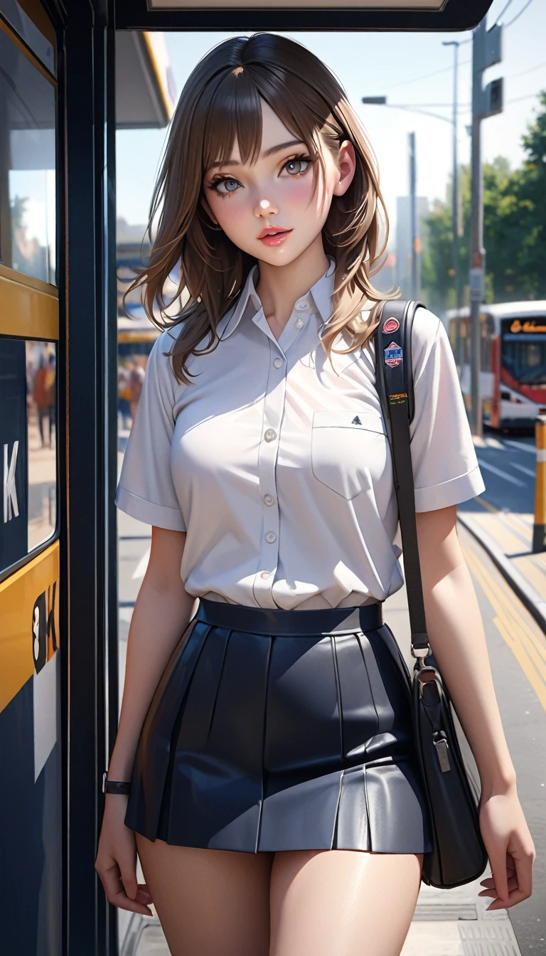 (best quality,4k,8k,highres,masterpiece:1.2),ultra-detailed,(realistic,photorealistic,photo-realistic:1.37),A girl in a bus stop,beautiful detailed eyes,beautiful detailed lips, narrow hips,white shirt, sexy school girl 