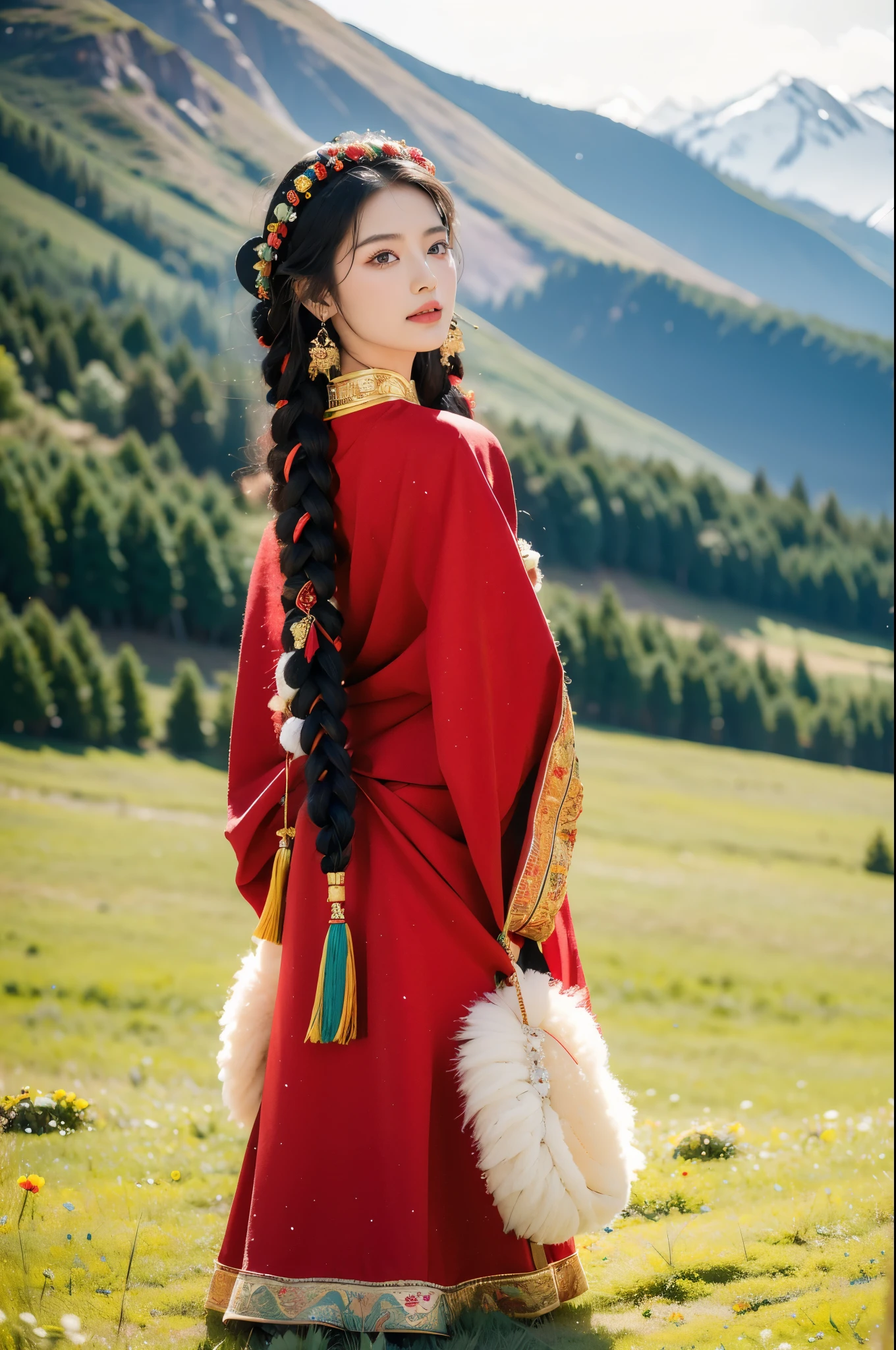 (((best quality))),(((ultra detailed))),(((masterpiece))),illustration,a beautiful Tibetan girl,solo,slim,earrings,necklace,Plush hat,parted red lips,snow-capped plateau,magnificent red traditional outfit,radiant smile,Standing by the roadside,vast verdant grasslands,majestic snow-capped peaks,striking appearance,dark almond-shaped eyes,sparkling with joy,long flowing black hair,intricate braids,colorful beads,jewelries,intricately woven ribbons,red rob embroidered with golden threads,Tibetan culture,lush green grasslands,serene ambiance,sheep and yaks grazing,crisp air,invigorating scent of the highland,beauty and resilience,pure bliss,upper body,from back