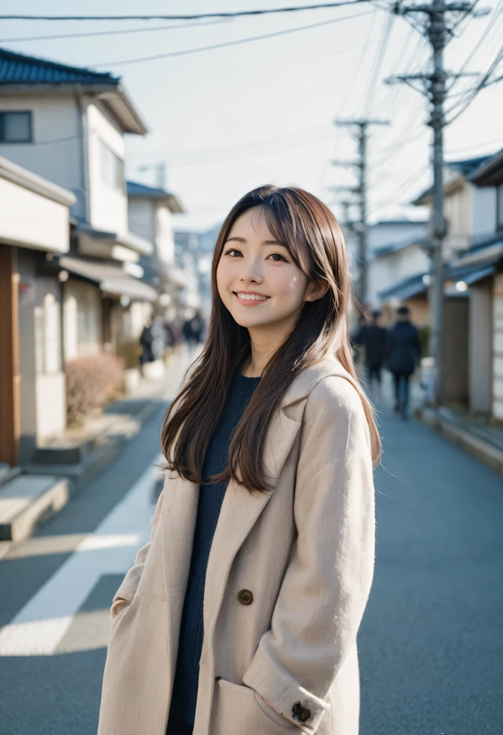 Style:A snapshot showing the whole body. A casual moment in winter. The sky is a little clear. A young Japanese woman is looking at me. She has semi-long hair. She is looking at us and smiling, which is beautiful. Live shot. Street snapshot. Fujifilm. Blur. Background: Japanese townscape.
