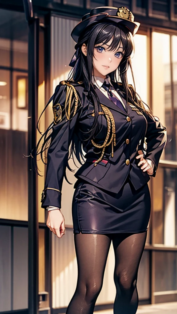 Highest品質、masterpiece、8K、Realistic、超High resolution、Very delicate and beautiful、High resolution、Cinema Lighting、medium range shooting、Portraiture、Perfect female body、Beautiful woman、Mature Woman、Put your hands on your head、View your audience、((Standing position:1.6))、Medium Chest、Cityscape、Ryuzoji Akane、(Hime cut:1.8、Half-up long hair:1.8、Black Hair、Purple ribbon)、((Female police officer:1.4、Female police officerの、Female police officerの制帽、Uniform Buttons、tie、Uniform jacket))、Police Vehicles、Baton、handcuffs、wireless、Highest、Leather shoes、Name tag、uniform patch、防弾Highest、Police Badge、pantyhose、Pencil Skirt、pumps、Police Badge、Epaulettes、White handbag