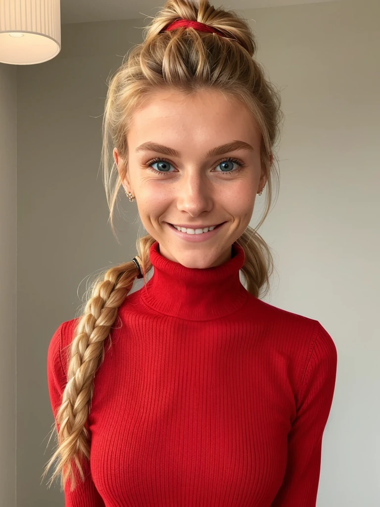photo of a skinny blonde teen submissive wife messy long hair thrown into a messy bun ponytail. She wears: (turtleneck high ribbed bright tight red sweater:1.1), submissive seductive pose, high tight ribbed neck, seductive smile, perfect fake tits, turtleneck top