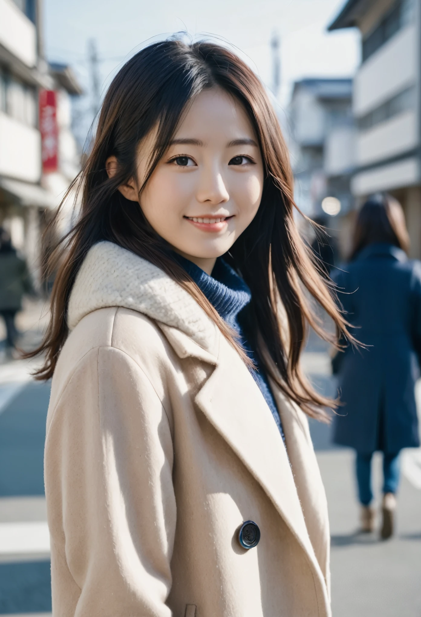 Style:A snapshot showing the whole body. A casual moment in winter. The sky is a little clear. A young Japanese woman is looking at me. She has semi-long hair. She is looking at us and smiling, which is beautiful. Live shot. Street snapshot. Fujifilm. Blur. Background: Japanese townscape.