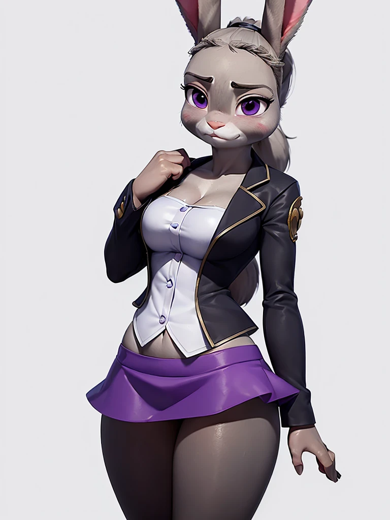 best quality,
masterpiece,
3D anime,
(((solo))),
(((1girl))),
(((Face is JudyHopps))),
(long ears like a rabbit:0.8),
Heir is in a ((ponytail)) style,
bang is feather ((bangs)),
((Her eyes color is purple)),
6.5 head and body,
office suit,
office business suit outfit
 ((office lady)),
 ((white blouse)) unbuttoned,
The lower body is wearing a skirt,
ears are drooping,
Navel exposed,
(outfit is made of wool:1.4),
((body is made of wool fabric)),
((body is gray with fluffy and fluffy)),
((skin is wool fabric with fluffy and fluffy)),
((She is blushing in the cheeks)),
looking embarrassed,
((troubled expression)),

clavicle is emphasized,
take off jacket