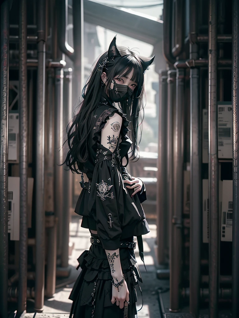 Highest quality、8K、masterpiece：1.3、Gothic Punk、The inside color is red、Black-haired、hair ornaments、Beautiful girl、creative、Dark Fantasy Style、Neogoth、Goth Fashion：1.2、High resolution、masterpiece、Highest quality、頭w:1.3、((Hasselblad Photos))、Fine skin、Sharp focus、(Cinematic lighting)、Realistic textured hair、((Black Mask)),Esbian all over、((View from below))