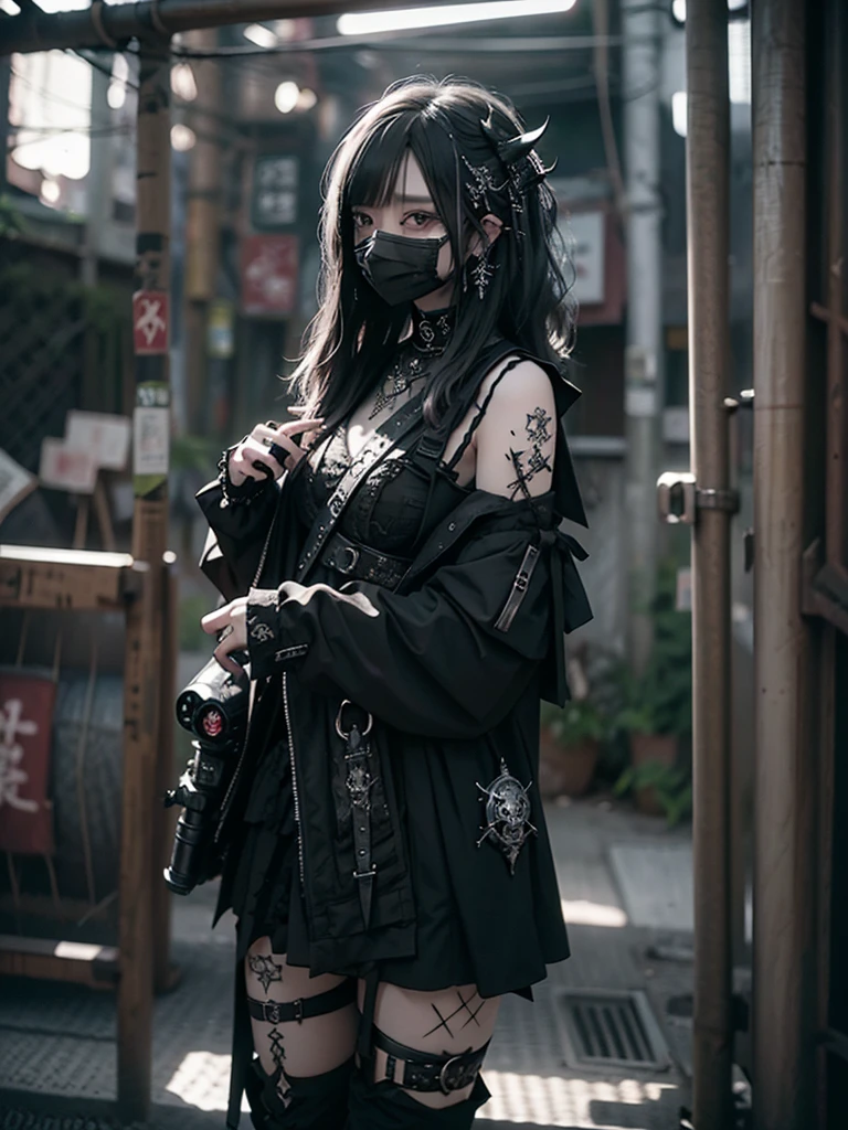 Highest quality、8K、masterpiece：1.3、Gothic Punk、The inside color is red、Black-haired、hair ornaments、Beautiful girl、creative、Dark Fantasy Style、Neogoth、Goth Fashion：1.2、High resolution、masterpiece、Highest quality、頭w:1.3、((Hasselblad Photos))、Fine skin、Sharp focus、(Cinematic lighting)、Realistic textured hair、((Black Mask)),Esbian all over、((View from below))