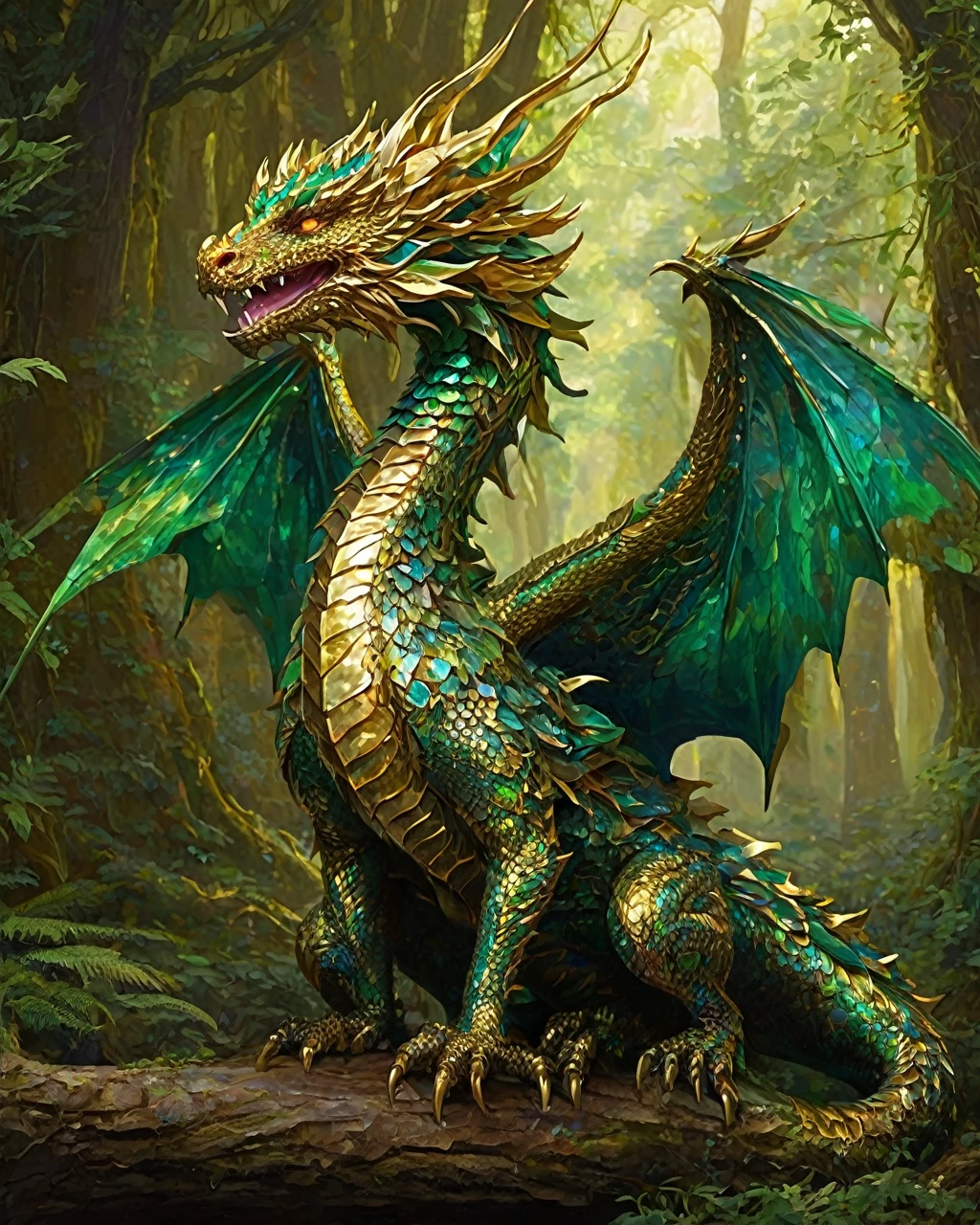 In the heart of a whimsical forest, a flamboyantly spectacular dragon emerges, its opulent scales shimmering in hues of gold and emerald. This concept art painting captures the creature in intricate detail, showcasing its majestic wingspan and elegantly curled horns. The artist\'s skilled hand brings to life every facet of the dragon\'s lavish appearance, from its sparkling gemstone eyes to the intricate patterns adorning its iridescent skin. The image is a testament to their talent, drawing viewers into a world of fantasy and wonder.