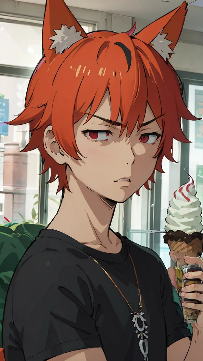 1man, v-shaped eyebrows, short hair, orange hair, red eyes, fox ears, annoyed face, wallpaper, landscape, depth of field, morning, living room, glance right, holding a ice cream, light particles, light rays, sidelighting, (black t-shirt:1.2), red shorts