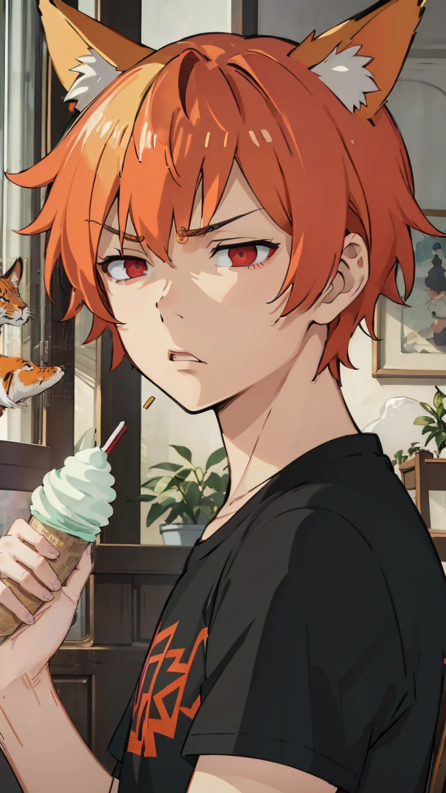 1man, v-shaped eyebrows, short hair, orange hair, red eyes, fox ears, annoyed face, wallpaper, landscape, depth of field, morning, living room, glance right, holding a ice cream, light particles, light rays, sidelighting, (black t-shirt:1.2), red shorts