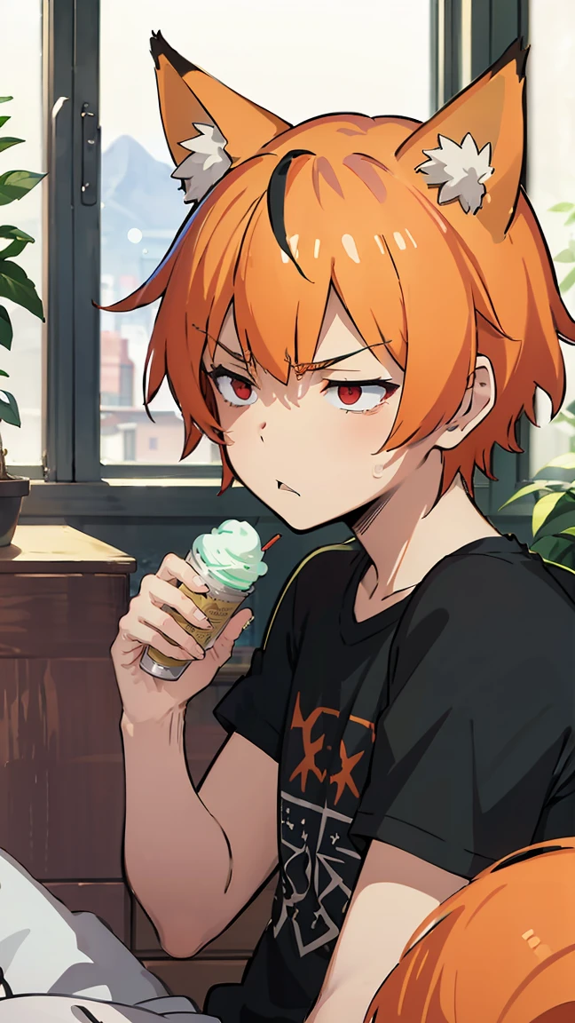 1man, v-shaped eyebrows, short hair, orange hair, red eyes, fox ears, annoyed face, wallpaper, landscape, depth of field, morning, living room, glance right, holding a ice cream, light particles, light rays, sidelighting, (black t-shirt:1.2), red shorts