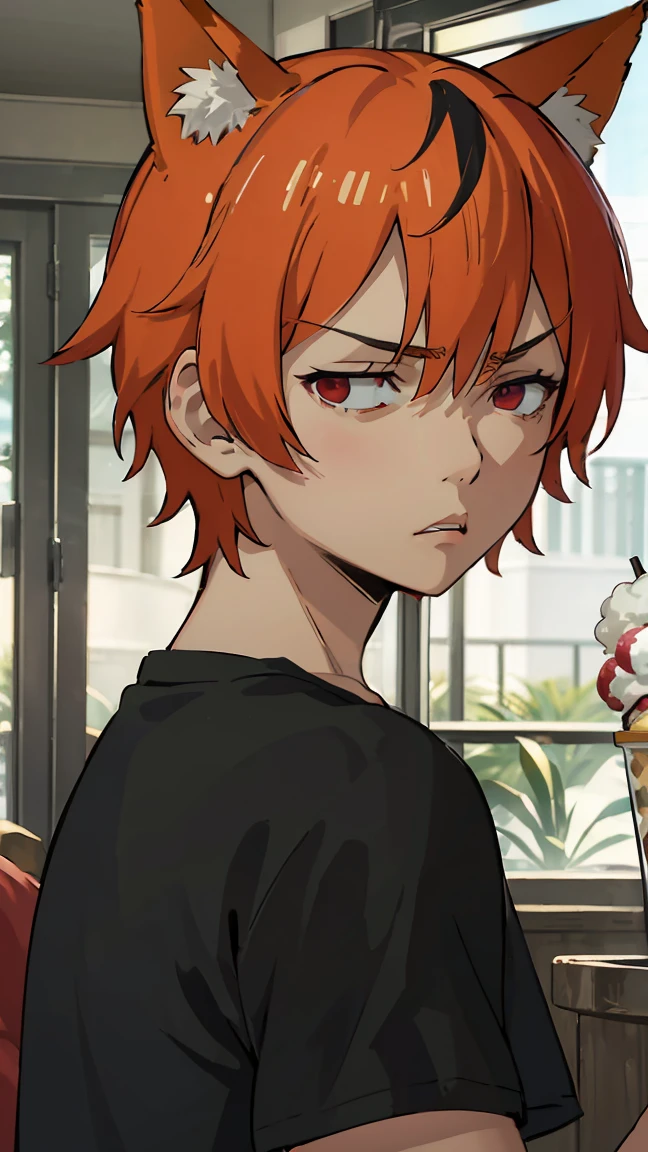 1man, v-shaped eyebrows, short hair, orange hair, red eyes, fox ears, annoyed face, wallpaper, landscape, depth of field, morning, living room, glance right, holding a ice cream, light particles, light rays, sidelighting, (black t-shirt:1.2), red shorts