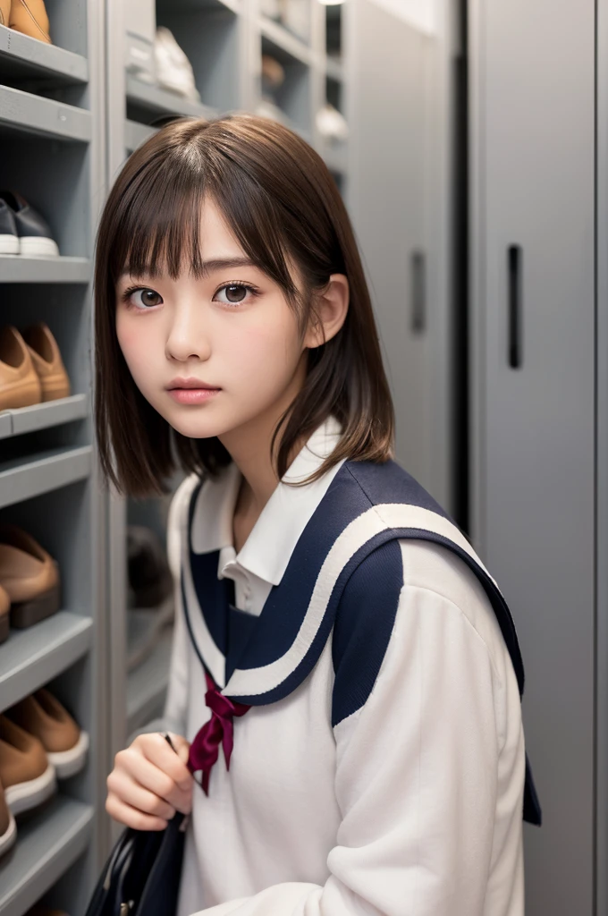(1 Girl )、(Beautiful Japanese、18years old,round face、Refreshing、clear、seems kind、stylish、Pitiful、cute like an angel、cute、black eyes、,Almond-shaped eyes,Translucent white skin、Beautiful skin), {(Japan human face:1.4),,(General facial features)} , (Beautiful breasts:0.4),(very cute),(short hair),(enchanting eyes),(highlight on eyes:1.2)、(8K、Live shooting、highest quality、masterpiece:1.2、optimal lighting)、((masterpiece)),(Photo taken by a professional photographer),(real、photo real:1.4),BREAK,{(cute Japanese high school sailor uniform),((traditional Sailor Suit:1.0))},(cheeks are red:1.3), BREAK, BREAK,Face shot:1.3、 face close-up,Looking at viewer,Lonely face,evening、Japan,evening、(((in front of the school shoe lockers)))),side shot