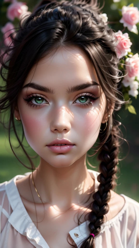 anime girl loli, realistic shadows, detailed skin, very small breasts, black fur, Very detailed, 8k highly detailed face, perfect face shape, perfect full lips, perfect nose, correct beautiful eyes, Observation viewer, White shirt, flowers for hair, Masterpiece, Best Quality, Single woman, not good, No panties, Alone