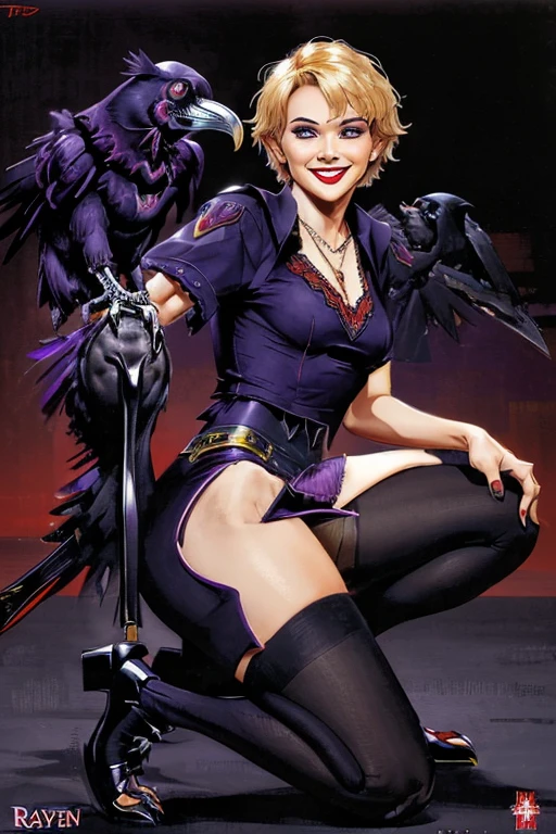 ((playing with a raven:1.4)).Athletic blonde woman, (short hair), tomboy, cute, ((smile)), Red lipstick,necklace, red lace top, black pencil skirt, high heels. Masterpiece, (highly detailed:1.2),(detailed face and eyes:1.2), 8k wallpaper, Moody lighting. core shadows, high contrast, bokeh