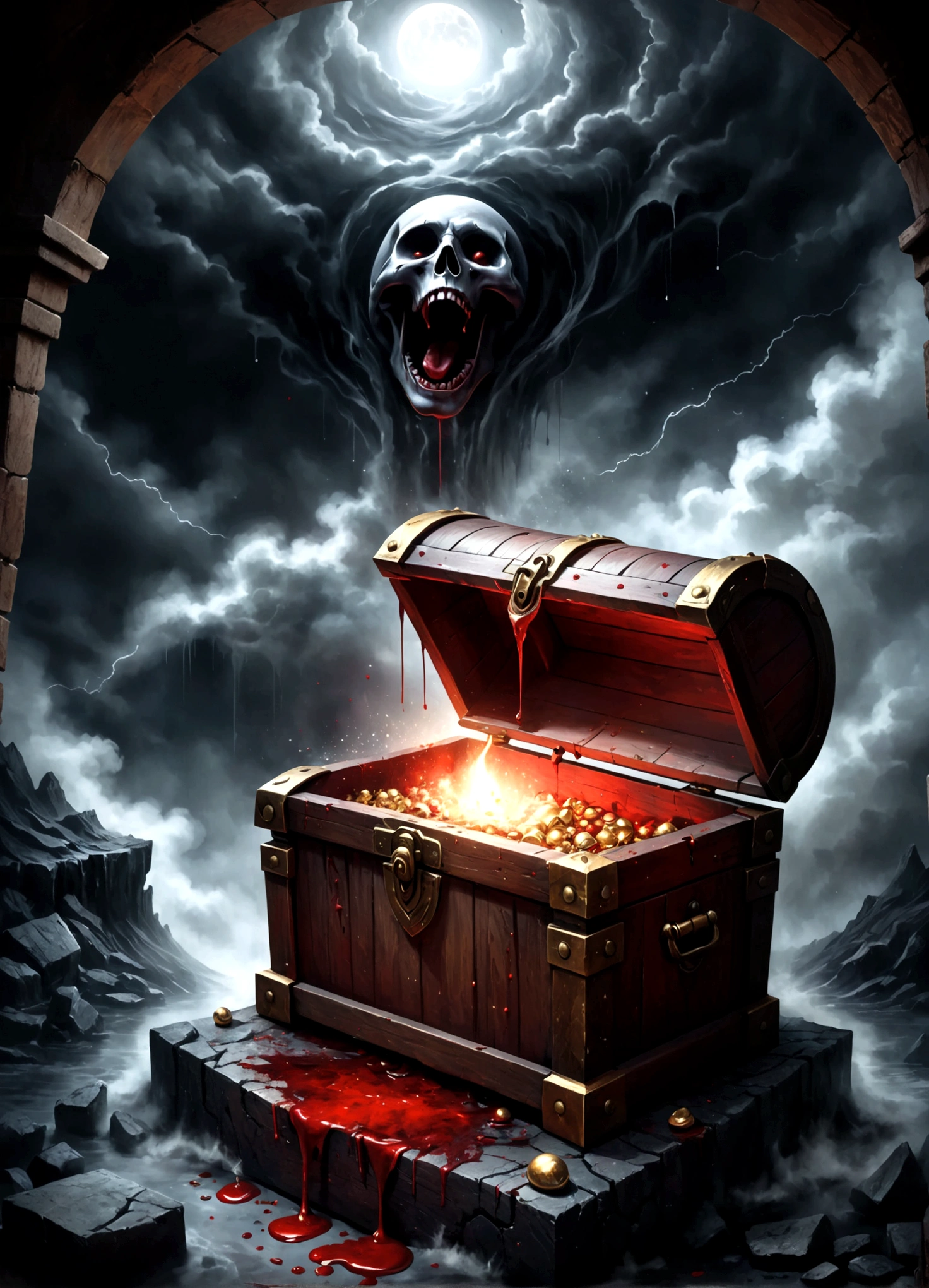 Draw a scene where a treasure chest is placed in a dimly lit place,(mimic,Treasure Chest,There are blood stains on it),Add artistic effects to your background,Place vengeful spirits around you who are twitching with fear.,The vengeful spirits are drawn in white, crying black tears.,White whirlpool heading upwards,black mist,splash blood,decadently,fear,scream,suspicious,decadently,Blur in some places to express artistically