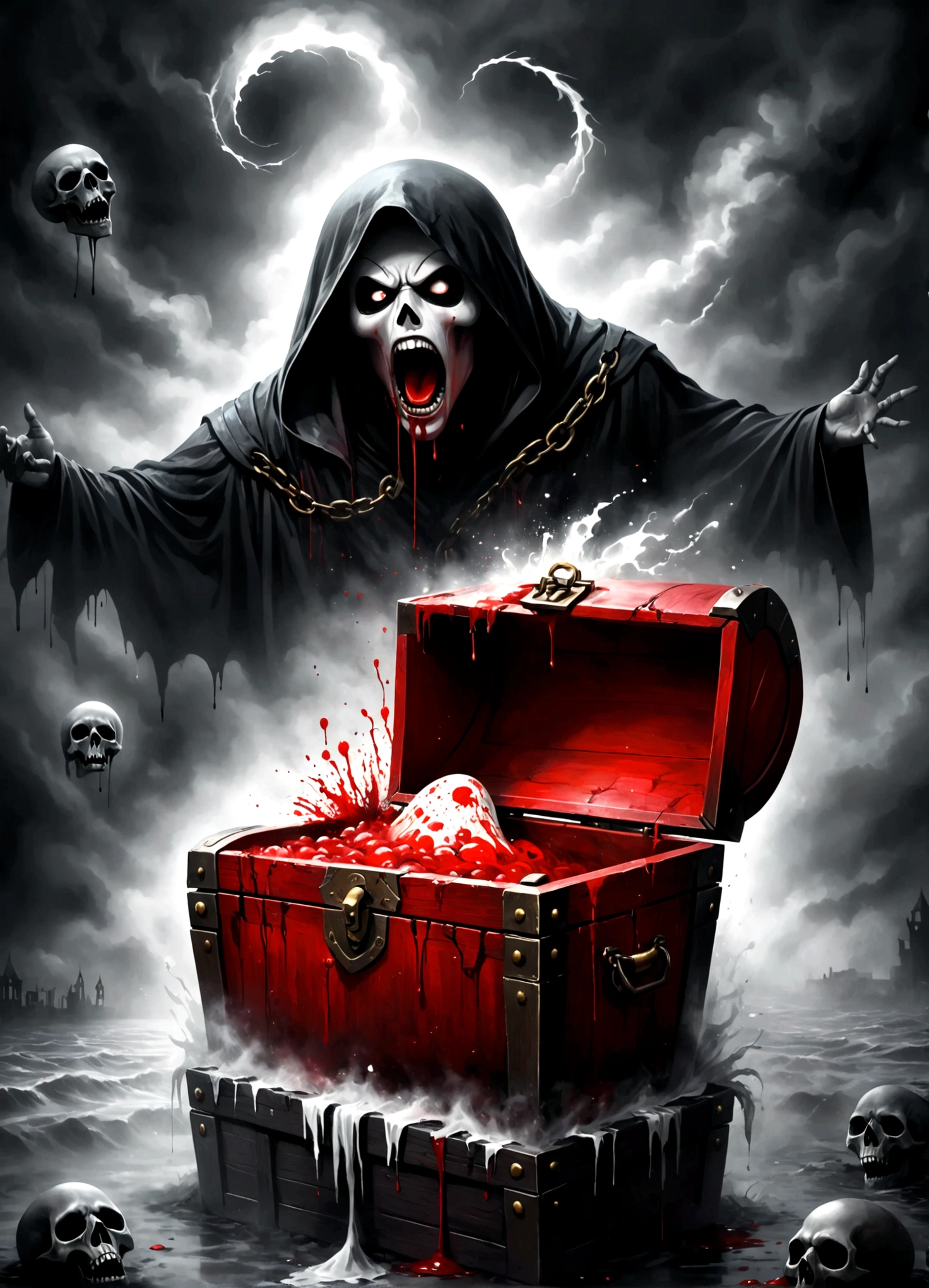 Draw a scene where a treasure chest is placed in a dimly lit place,(mimic,Treasure Chest,There are blood stains on it),Add artistic effects to your background,Place vengeful spirits around you who are twitching with fear.,The vengeful spirits are drawn in white, crying black tears.,White whirlpool heading upwards,black mist,splash blood,decadently,fear,scream,suspicious,decadently,Blur in some places to express artistically