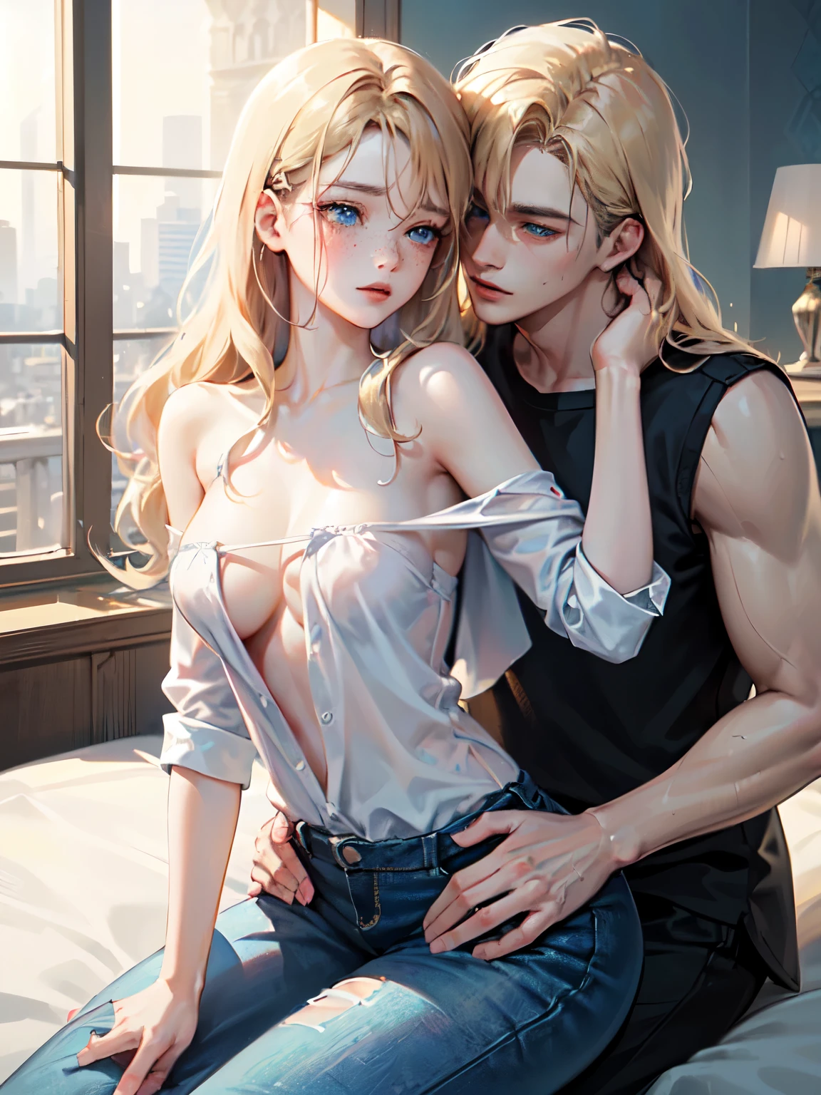 (full-body view))), ((girl and man)), ((dark fantasy)),((handsome boy grabbing girls ass)), ((girl riding on a man)), mature male, 30-ish, (wide shoulder), ((no chest hair)),man with short black Quiff hair with Soft Fringe, (bangs part on side 3:7 ratio), blue eyes, upper body, short hair, looking at viewer, parted lips, round eyewear, wet hair, open black shirt, long sleeves, showing a bit of muscles,(( girl with wavy hair, pale skin, long light blond hair),((light blue eyes)), freckles,(girl ),erotic posing,Gothic background, Dark fantastic view,Best Quality,masutepiece,8K,The ultimate detailed dark background, Top image quality、RAW photography、超A high resolution,cropped shoulders, overall look is very erotic, model shoot, round chest, Beautiful Eyes of Details、Very slender eyes、Beautiful eyelashes、Very slim physique, with blush cheeks, bedroom background