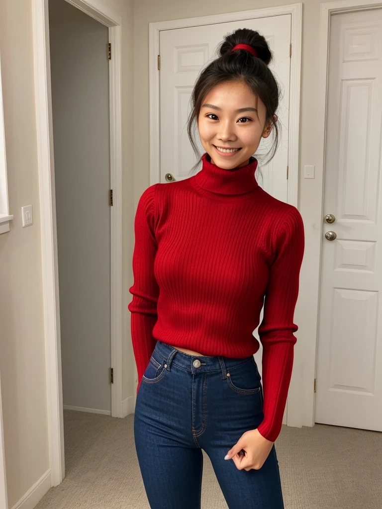 photo of a skinny cute asian  submissive wife messy long hair thrown into a messy bun ponytail. She wears: (turtleneck high ribbed bright tight red sweater:1.1), submissive seductive pose, high tight ribbed neck, seductive smile, perfect fake tits, turtleneck top