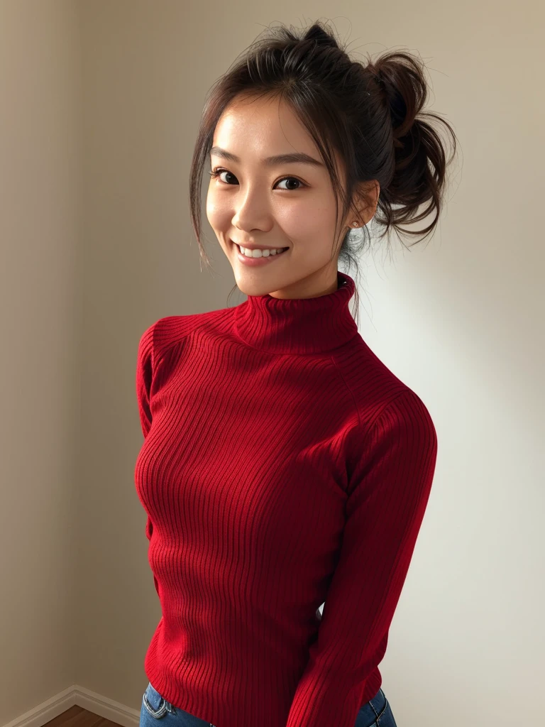 photo of a skinny cute asian submissive wife messy long hair thrown into a messy bun ponytail. She wears: (turtleneck high ribbed bright tight red sweater:1.1), submissive seductive pose, high tight ribbed neck, seductive smile, perfect fake tits, turtleneck top