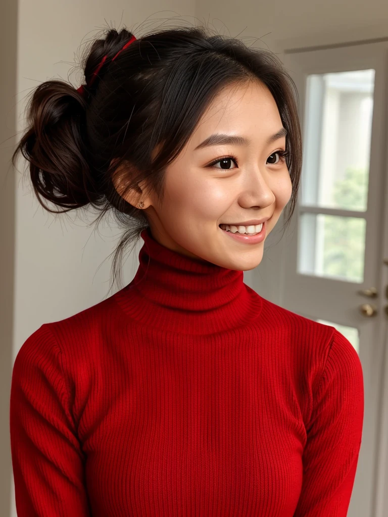 photo of a skinny cute asian teen submissive wife messy long hair thrown into a messy bun ponytail. She wears: (turtleneck high ribbed bright tight red sweater:1.1), submissive seductive pose, high tight ribbed neck, seductive smile, perfect fake tits, turtleneck top