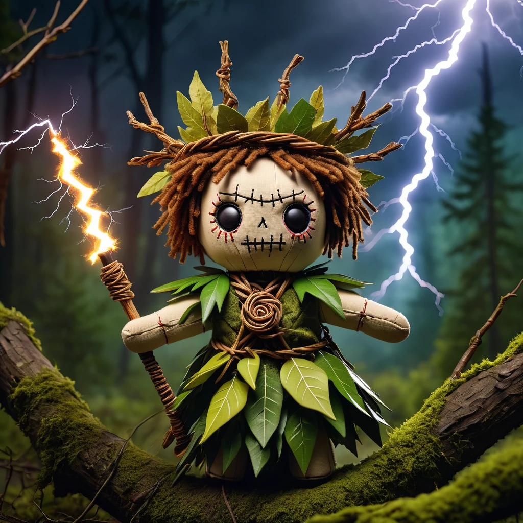 (knitted toy voodoo doll: 1.6), (Voodoo Thunder Druid: 1.3), (clothes Robe of moss and leaves, wreath of branches: 1.0), (Oak staff, amulet with lightning: 1.1) (against the background Forest in a thunderstorm with lightning and raging winds: 1.3), best quality, masterpiece, detailed soft oil painting, detailed background, dramatic cinematic lighting, soft edge lighting, professional, dramatic lighting, hard edge lighting, ultra quality, 4k, masterpiece, best quality, 8k, ultra high definition, high resolution, extremely detailed