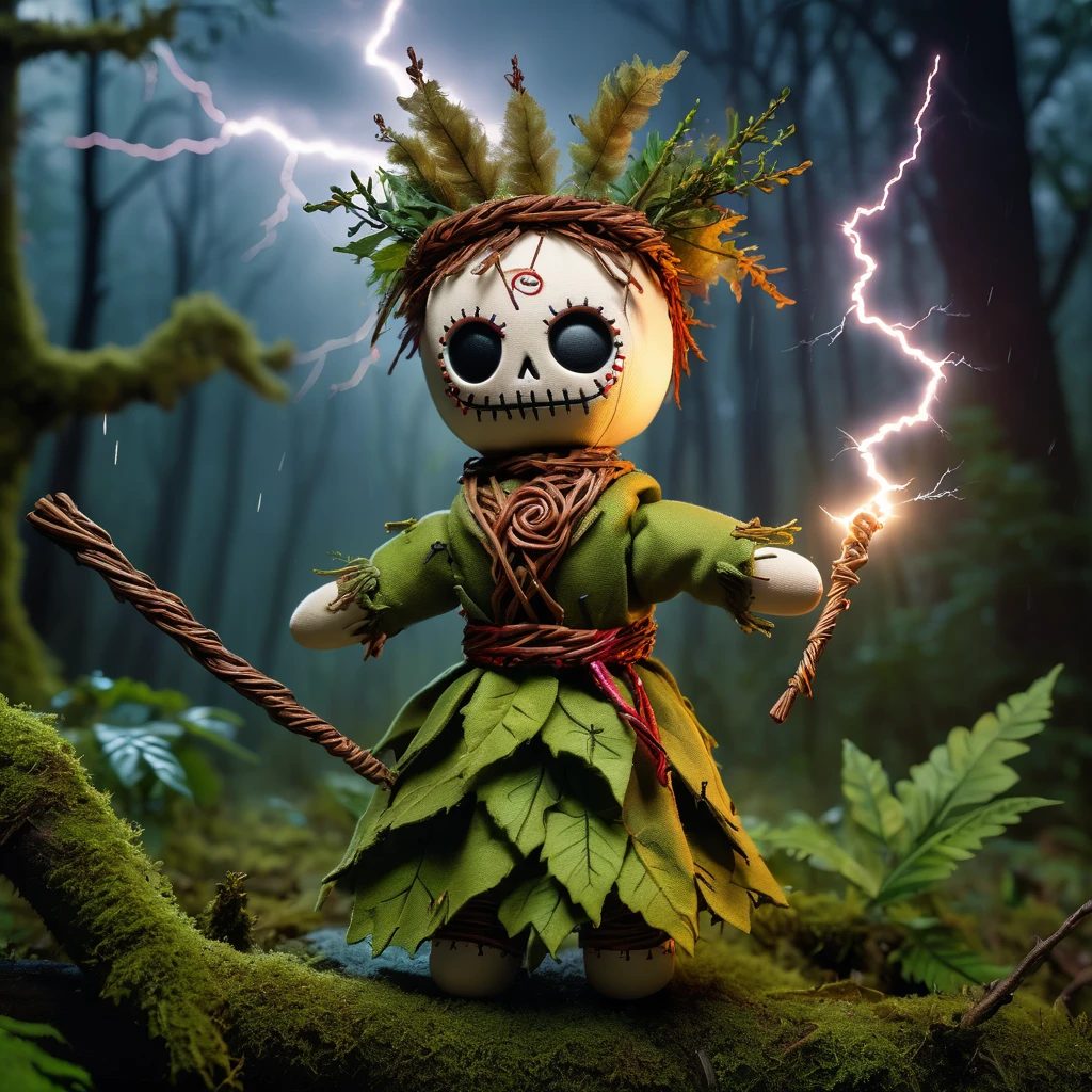 (knitted toy voodoo doll: 1.6), (Voodoo Thunder Druid: 1.3), (clothes Robe of moss and leaves, wreath of branches: 1.0), (Oak staff, amulet with lightning: 1.1) (against the background Forest in a thunderstorm with lightning and raging winds: 1.3), best quality, masterpiece, detailed soft oil painting, detailed background, dramatic cinematic lighting, soft edge lighting, professional, dramatic lighting, hard edge lighting, ultra quality, 4k, masterpiece, best quality, 8k, ultra high definition, high resolution, extremely detailed