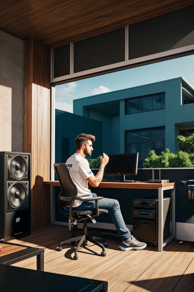 A man listening a music in front of his gaming pc room outside is racing animated 