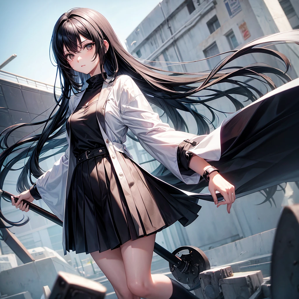 anime girl, black hair, black eyes and full body