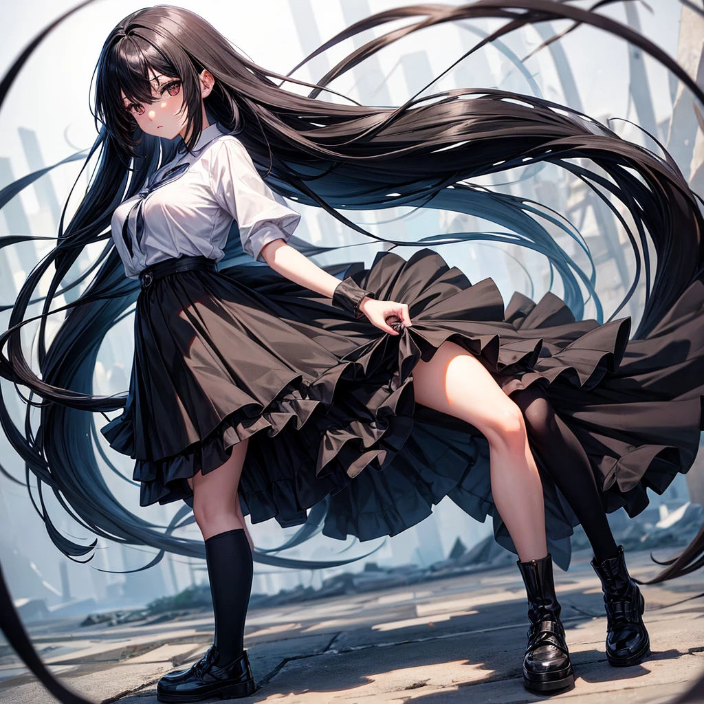 anime girl, black hair, black eyes and full body