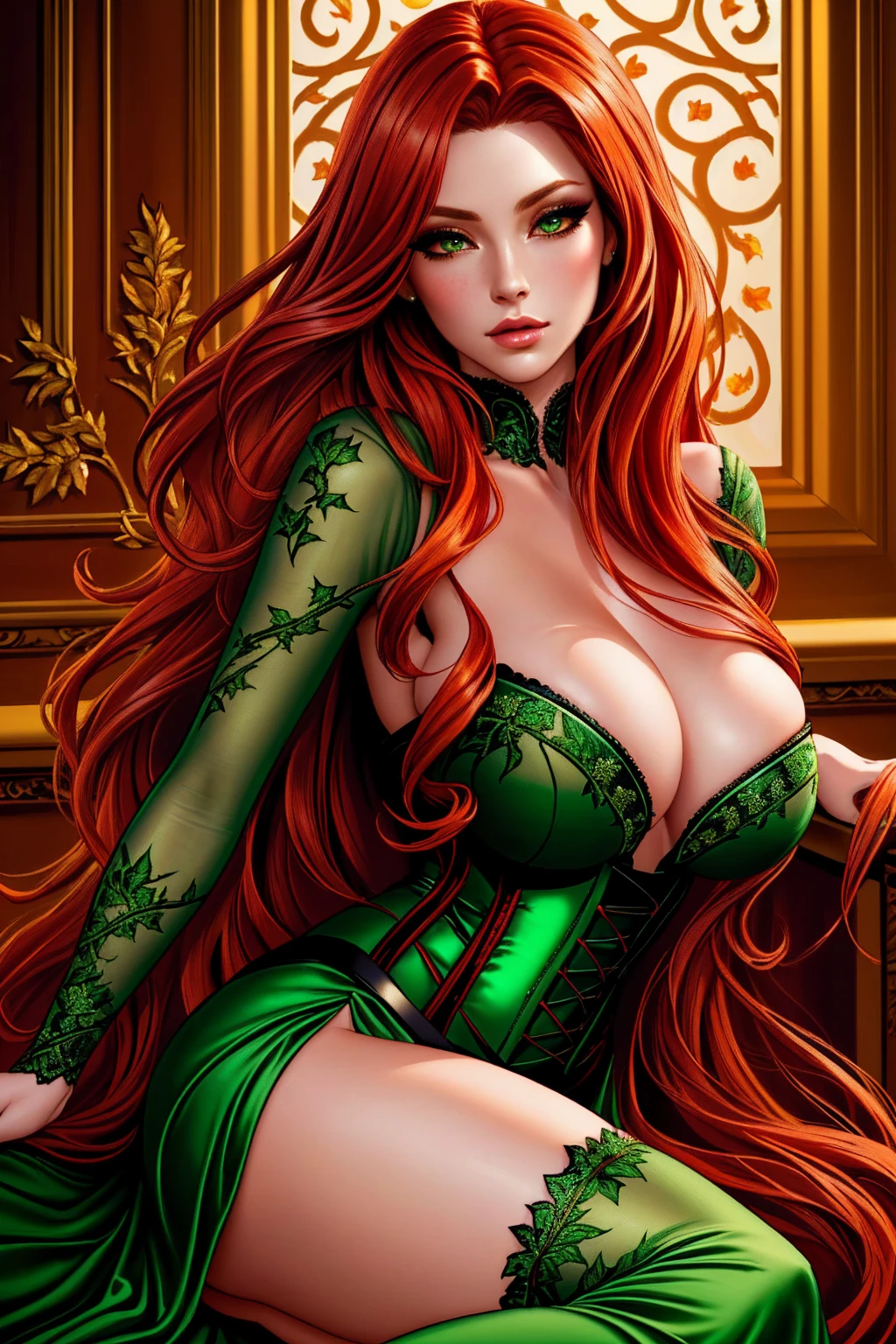 a woman with long crimson hair, wearing a long green dress with a leg slit, intricate corset, beautiful detailed eyes, beautiful detailed lips, extremely detailed face, longeyelashes, elegant pose, graceful movement, breathtaking, detailed and realistic, oil painting, dramatic lighting, warm color palette, cinematic composition, masterpiece, 8k, high quality, poison ivy 