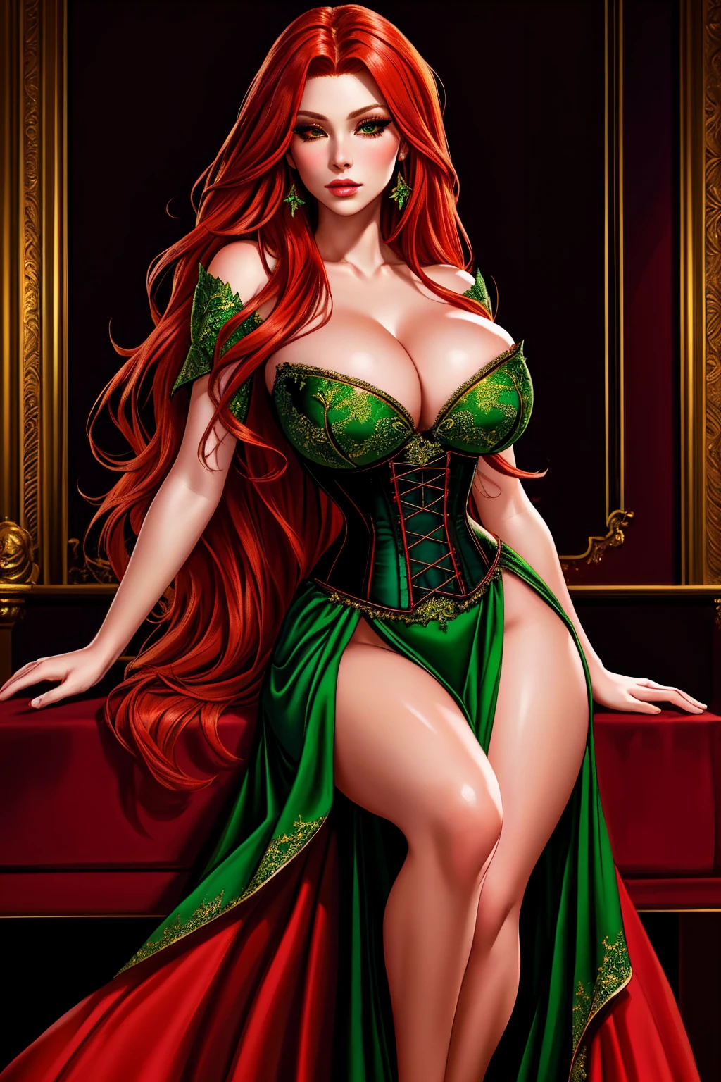 a woman with long crimson hair, wearing a long green dress with a leg slit, intricate corset, beautiful detailed eyes, beautiful detailed lips, extremely detailed face, longeyelashes, elegant pose, graceful movement, breathtaking, detailed and realistic, oil painting, dramatic lighting, warm color palette, cinematic composition, masterpiece, 8k, high quality, poison ivy