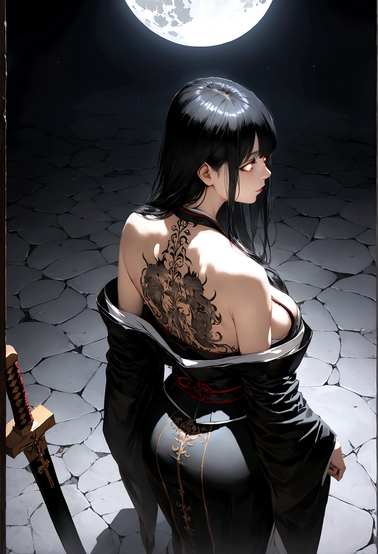 (masterpiece:1,2), best quality, masterpiece, highres, original, extremely detailed wallpaper, perfect lighting,geisha, kimono, shoulder,back,Turn back,tattoo,(((Black and white))),Extreme detail,solo,Cold eyes,look up,Glowing eyes,byobu,moon,Black hair,petal, Anime girl standing in front of the moon, looking at the camera, dressed in a crusader's armor with a Christian cross on her breastplate, resting her hand on a large two-handed sword whose edge is set in the ground, black bluish hair, white black hair, glowing eyes :: photorealistic, high detail, ultra-realistic :: Studio Ghibli, Makoto Shinkai, Yoshitaka Amano inspirations :: cinematic lighting, moonlit night, dramatic shadows :: 8k resolution, sharp focus, depth of field