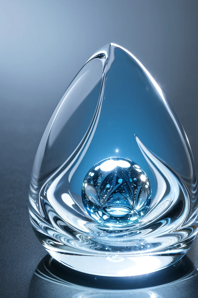 "Create a hyper-realistic digital artwork of a water droplet-shaped glass object. The object should be transparent with small bubbles inside, capturing light reflections beautifully. Ensure the design is smooth and streamlined, with a simple background to highlight the object's elegance."