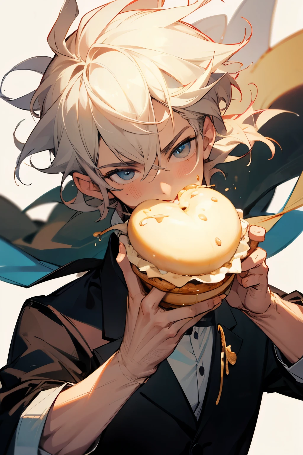 masterpiece, best quality, high quality, look at viewer, There was a boy sitting down, Young and handsome face, 1 boy, :o, In the cafe, eating whole cake, messy eating, eating with his hands, strawberry sponge cake, whipped cream around the mouth, smash cake, Hands full of whipped cream, perfect hands, wearing school uniform that black stand-up collar jacket, gakuran, open the front of the jacket, T-shirt