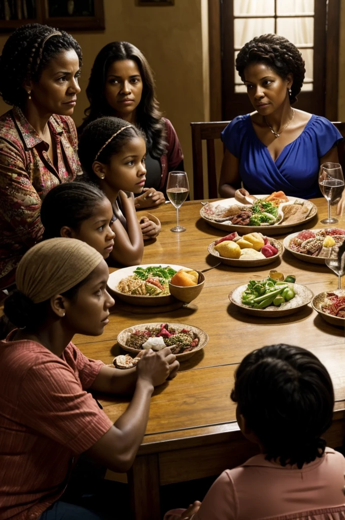 A realistic photographic representation of Doña Rosario, the central character of the film "Why was I born a woman?", sitting at the head of a dining table surrounded by her family. The women are of different ages and represent several generations, each with their own unique expressions and body language. The scene captures the tension and unspoken conflicts that arise when the family discusses gender roles and social expectations for women..
