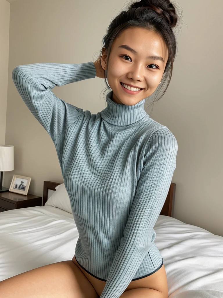 photo of a skinny asian submissive wife messy long hair thrown into a messy bun ponytail. She wears: (turtleneck high ribbed bright tight sweater:1.1), submissive seductive pose, high tight ribbed neck, seductive smile, perfect fake tits, turtleneck top, perfect naked legs