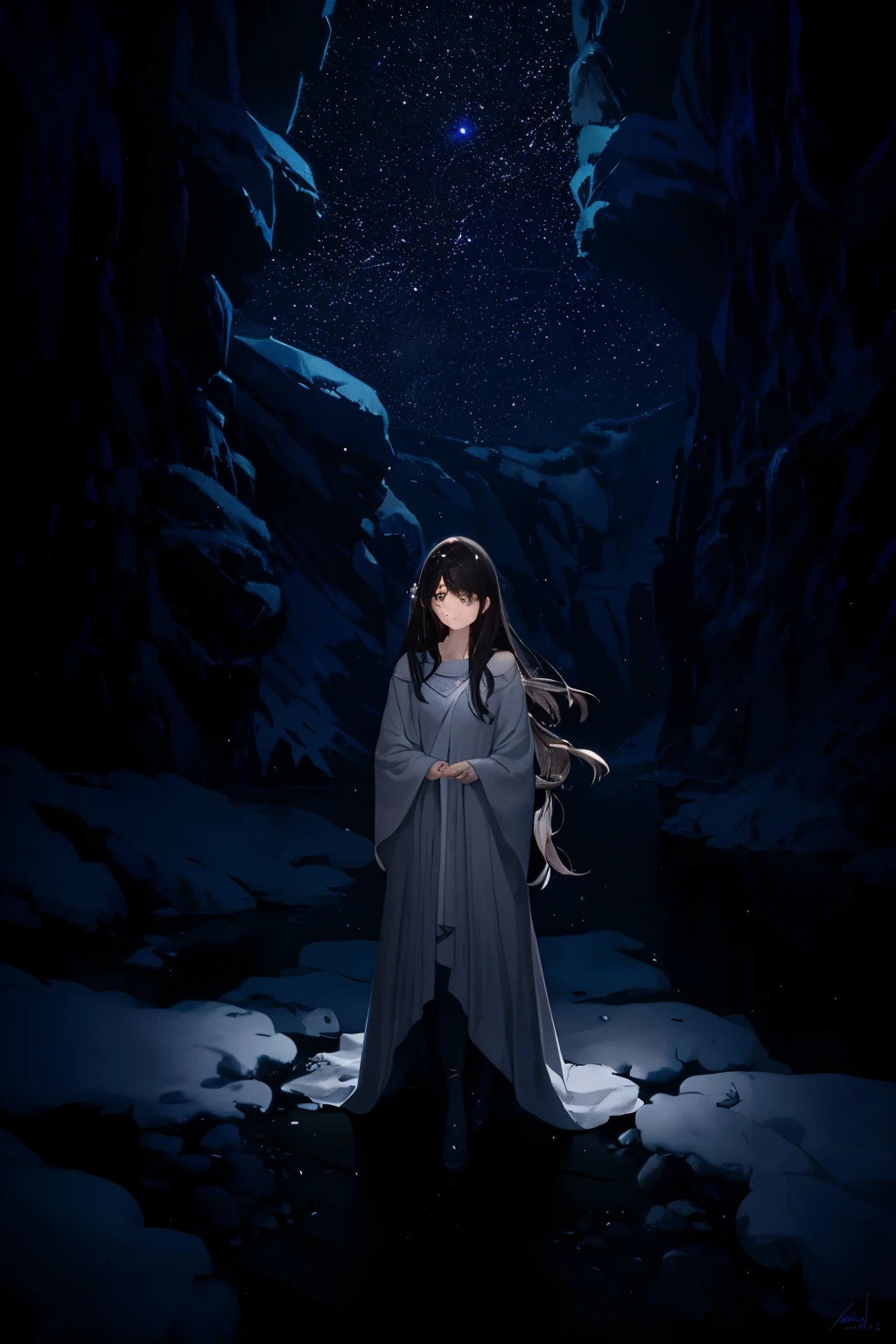 woman, night sky, dark hair, twinkling eyes, shimmering silver dress, ethereal, melancholic, atmospheric, clean lines, intricate, starlit backdrop, moody, masterpiece, best quality, 4K, HDR, ultra-detailed, realistis, night scene, long hair, floating, dreamlike, lower body hidden, softfocus, shadowy, mysterious, emphasis on stars, glowing night sky, moonlight, subtle, subtle glows, somber mood, melancholic colors