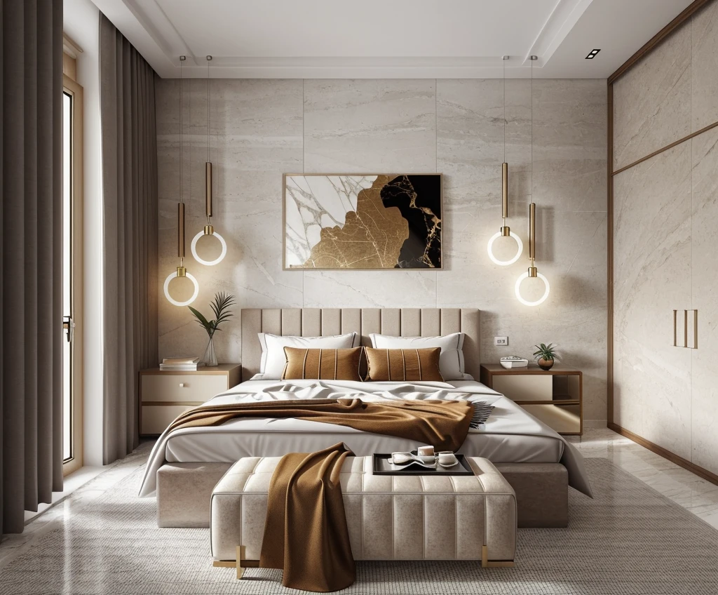 modern bedroom, (supper detail:1.2), brown luxury bed, combo tropical style poter on the wall, marble floor, 1 big abtract poster on the wall, warm light