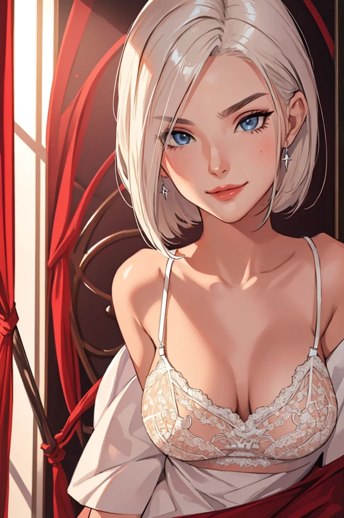 1girl,a beautiful fashion model ,(masterpiece, detailed background, best quality),short and shiny hair, white hair with highlights,smirk,juicy lips,red lips, calmart, lingerie, stripping, elegant makeup, blue eyes
