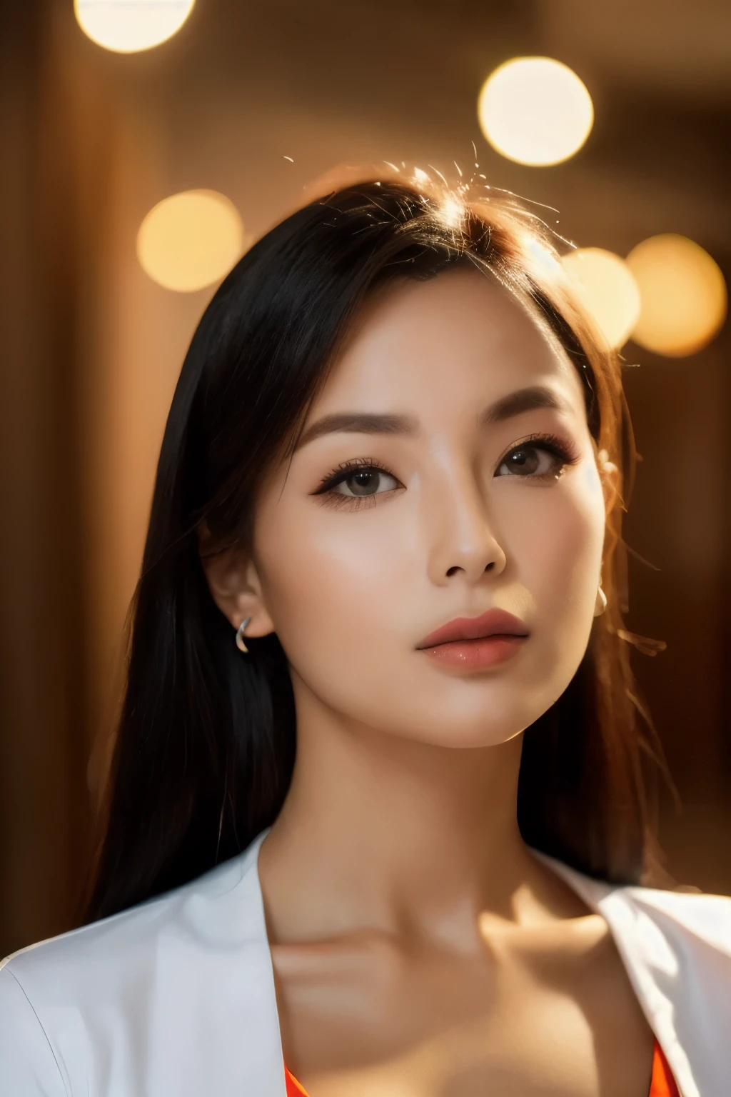 sunglasses、8K, Better Quality, 1 female,45 years (Skin dentures), night, (dark), Indoor light background, (people々), (Breast augmentation: 1.4), (Long black hair:1.3),wonderful,, (Clothing and uniforms:1.3),Soft lighting, Charm, dark Room, (Shut your mouth:1.2, Beautiful Eyes, Fine grain, Detailed Iris, Beautiful Lips, Beautiful Nose, Beautiful Face),(primary color:1.5), What's written on the red bag "GigaOS", Show off your waist and chest