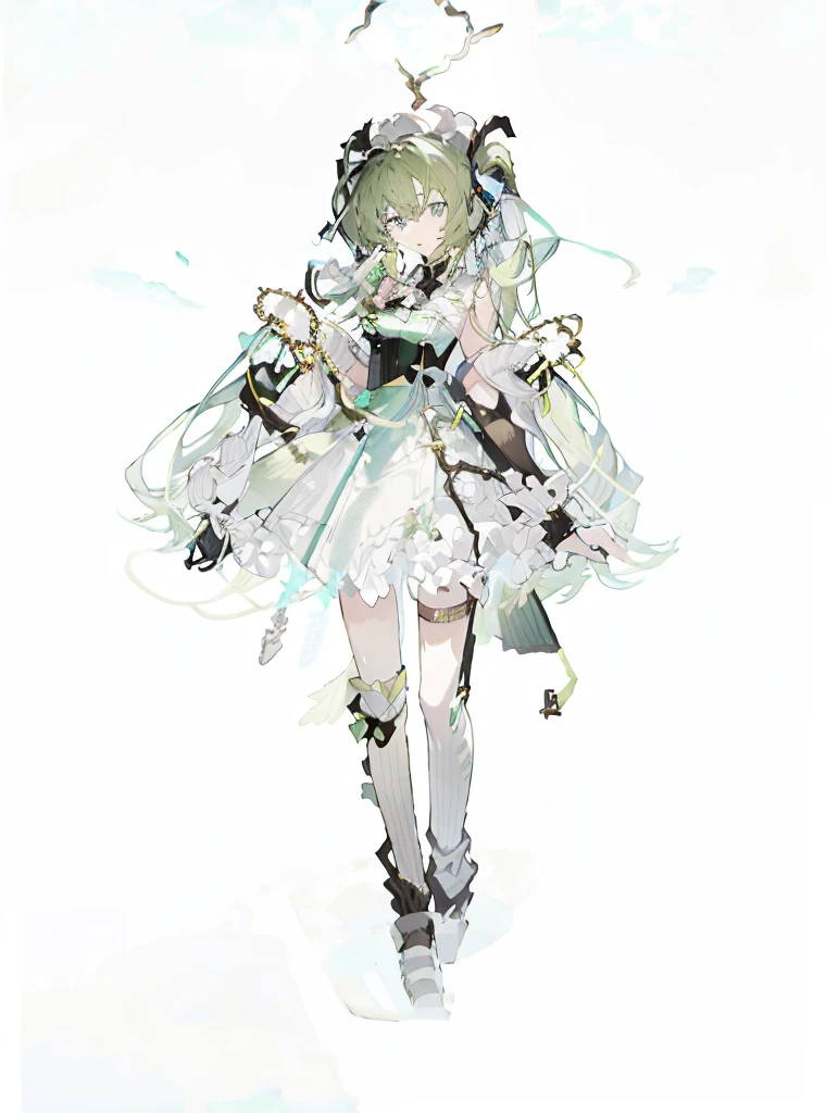 A girl，Standing picture，whole body，Character Design，Bow ruffles，Green Hair，Green Hair，curls，Dissemination