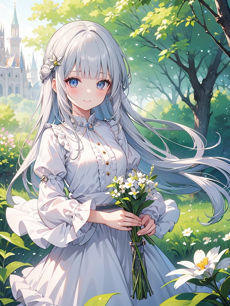 masterpiece, Highest quality, Super detailed, figure, cute, girl, alone, Silver Hair, Fairy, Blunt bangs, blouse, smile, flower, spring