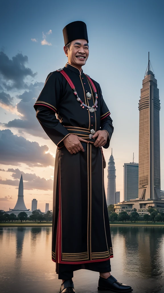 photo 4D hyperrealistic caricature digital, with views of Jakarta city, The background looks like the National Monument (MONAS). eight men aged 35 years, wearing traditional Betawi clothes all in black, they were standing together and laughing.