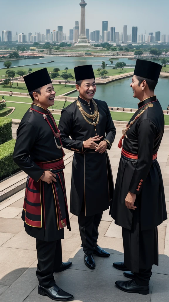 photo 4D hyperrealistic caricature digital, with views of Jakarta city, The background looks like the National Monument (MONAS). eight men aged 35 years, wearing traditional Betawi clothes all in black, they were standing together and laughing.