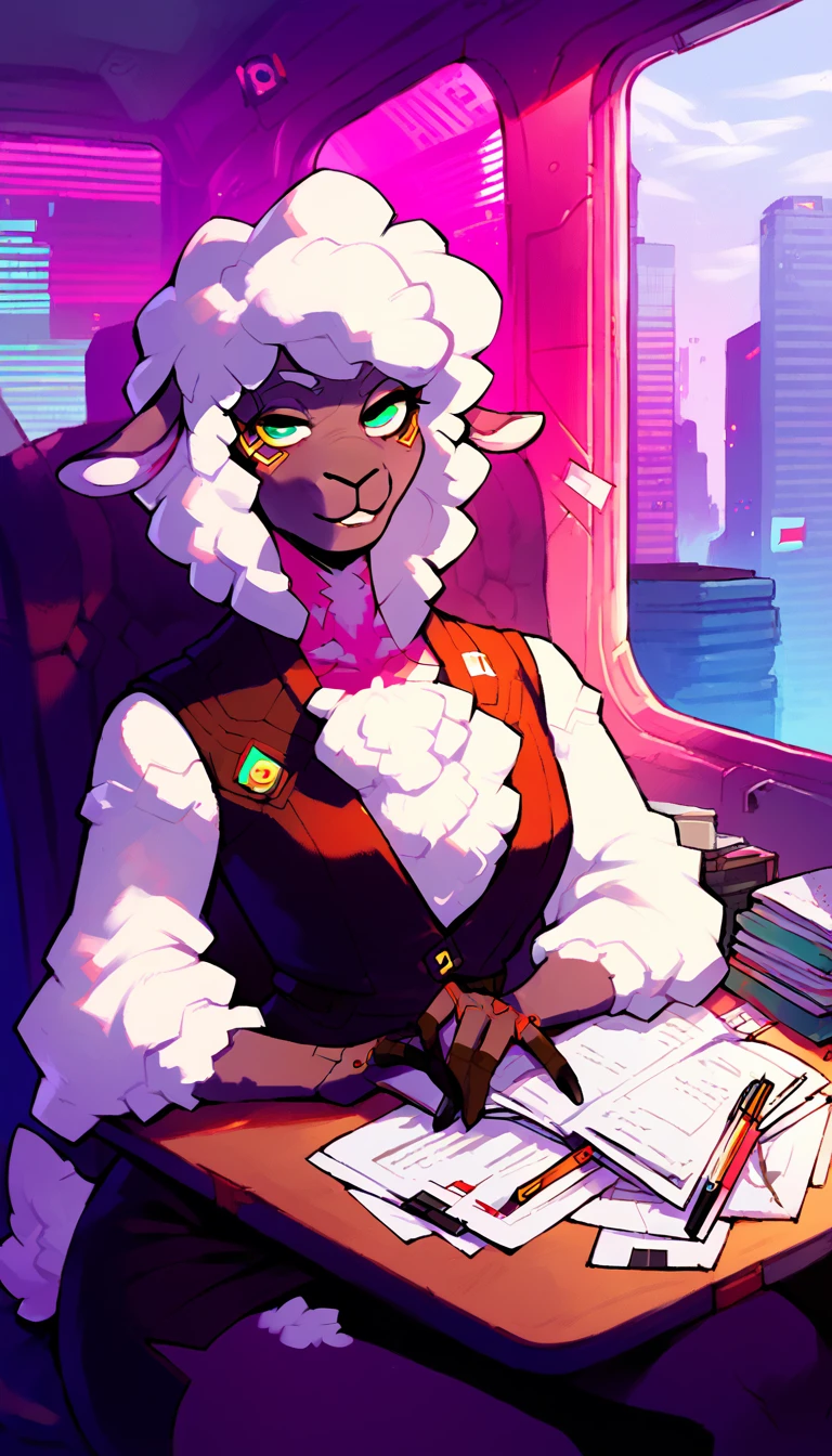 score_9, score_8_up, score_7_up, (cyberpunk city, governments office, work cabinet, windows on background:1.5),
((Sheep:1.2), anthro, solo, female, (portrait, Sitting at the table:1.5), (reading papers:1.2), ((wearing business suit, president)), ((sheep fur)), beautiful, (have cyberpunk-style additions:1.35)