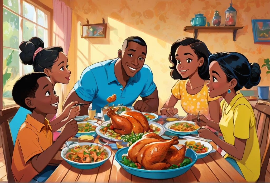 African family eating chicken on their dinning table, father, mother, two grown up teenage boys, and two teenage girls. Very colourful. Detailed. Disney style. (masterpiece best quality:1.2) delicate illustration ultra-detailed,  (disney-related event) indoor, (classroom),  detailed background, illustrations, bright, colourful, 