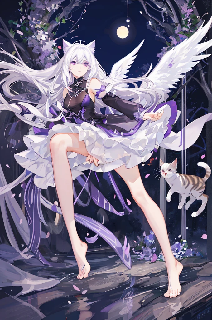 Watercolor-like,Faint and fleeting,A delicate and elegant girl, Long wavy hair that reaches the knees,White hair is very attractive, Detailed and precise manual work, Attractive girl, White cat ears, look at me, Purple eyes and white eyelashes,Her cheeks turned red,Big angel wings, A subject that stands out against the dark night sky,A girl surrounded by purple flowers, White Dress, Dramatic moonlight that makes your subject stand out,star,惑star, barefoot,Ankle decoration,floating、Night Sky Girl。