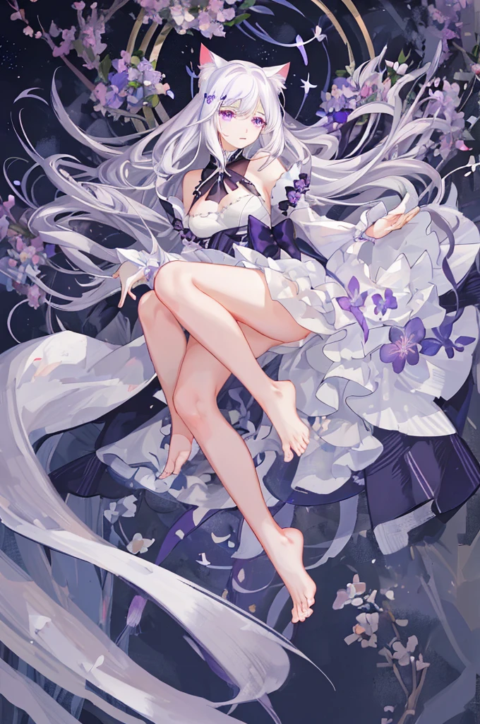 Watercolor-like,Faint and fleeting,A delicate and elegant girl, Long wavy hair that reaches the knees,White hair is very attractive, Detailed and precise manual work, Attractive girl, White cat ears, look at me, Purple eyes and white eyelashes,Her cheeks turned red,Big angel wings, A subject that stands out against the dark night sky,A girl surrounded by purple flowers, White Dress, Dramatic moonlight that makes your subject stand out,star,惑star, barefoot,Ankle decoration,floating、Night Sky Girl。