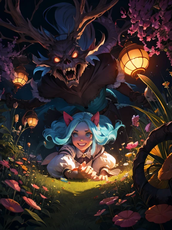 Gruesome and spooky details、Cute Smile、Mysterious atmosphere、Alice in Wonderland、Enthusiastic atmosphere、Mischievous Smile、Expressive gestures、Comical movement、Psychedelic Mushroom Background
