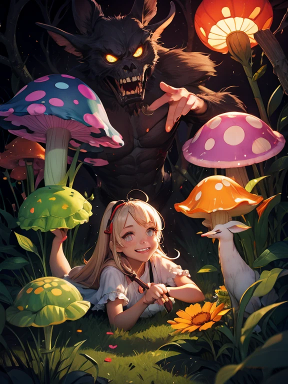 Gruesome and spooky details、Cute Smile、Mysterious atmosphere、Alice in Wonderland、Enthusiastic atmosphere、Mischievous Smile、Expressive gestures、Comical movement、Psychedelic Mushroom Background
