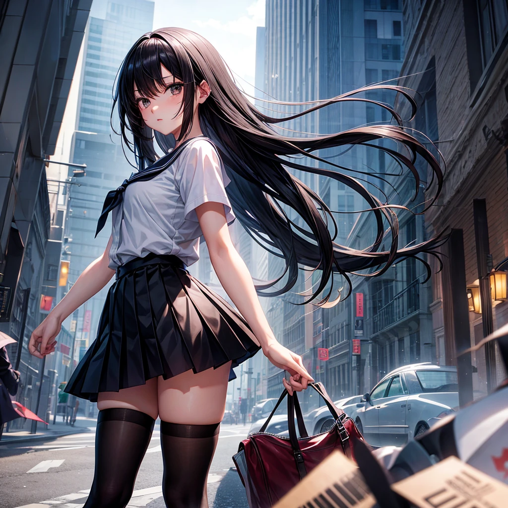 (8k, definition image, various compositions, various angle, various pose, medium shot, looking away, like a movie perspective, draw the face precisely, position her off center, very well-groomed face, only one subject), downtown area, woman, walking to skyscrapers, (wearing under wear, open her knees, the wind blows up the skirt, panties are visible), various color hair, shy smile, going down the stairs, long skirt, she has a bag,